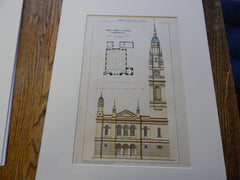 Free Middle Church, Greenock, Scotland, 1872. Original Plan. Hand-colored. Salmon & Ritchie.