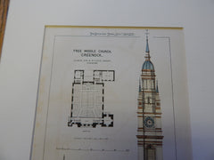 Free Middle Church, Greenock, Scotland, 1872. Original Plan. Hand-colored. Salmon & Ritchie.