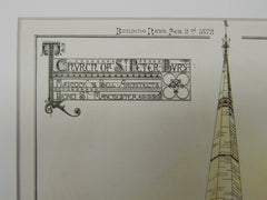 Church of St. Peter-Bury, Manchester, England, 1872, Original Plan. Hand-Colored. Maycock & Bell.