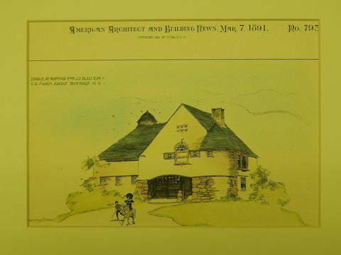Stable for S. S. Bliss, Buffalo, NY, 1891, Original Plan. Hand-colored. C.D. Swan.