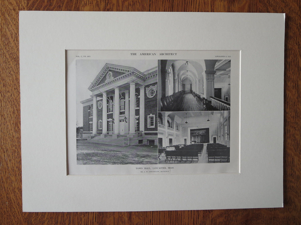 Interior, Town Hall, Lancaster, MA, 1911, Lithograph. A.W. Longfellow