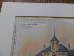 High School Building, Emporia, KS, 1895. Original Plan. Hand Colored. Harry Jones.