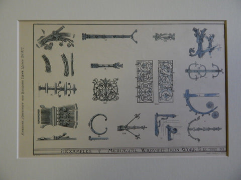 Medieval Wrought Iron Work by S. E. Torey, 1877. Original Plan, Hand Colored.