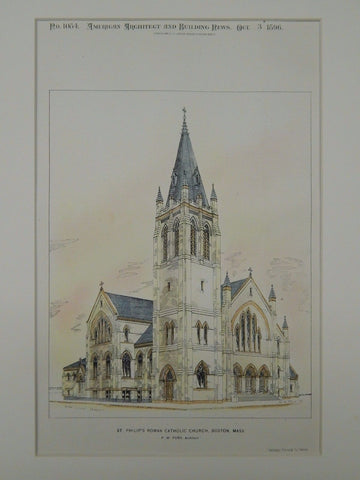 St. Philip's Catholic Church, Boston, MA, 1896, Original Plan. Hand-colored. P.W. Ford.