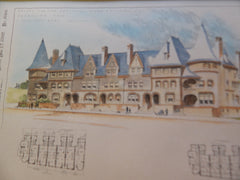 Houses, National Home Building, Brookline MA 1892. Original Plan. Hand Colored. J. Parkinson.