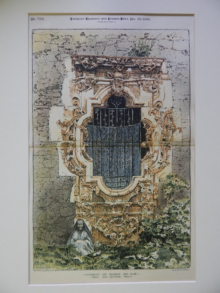 Window of Mission San Jose, Near San Antonio, TX, 1890. Original Plan. Campbell.