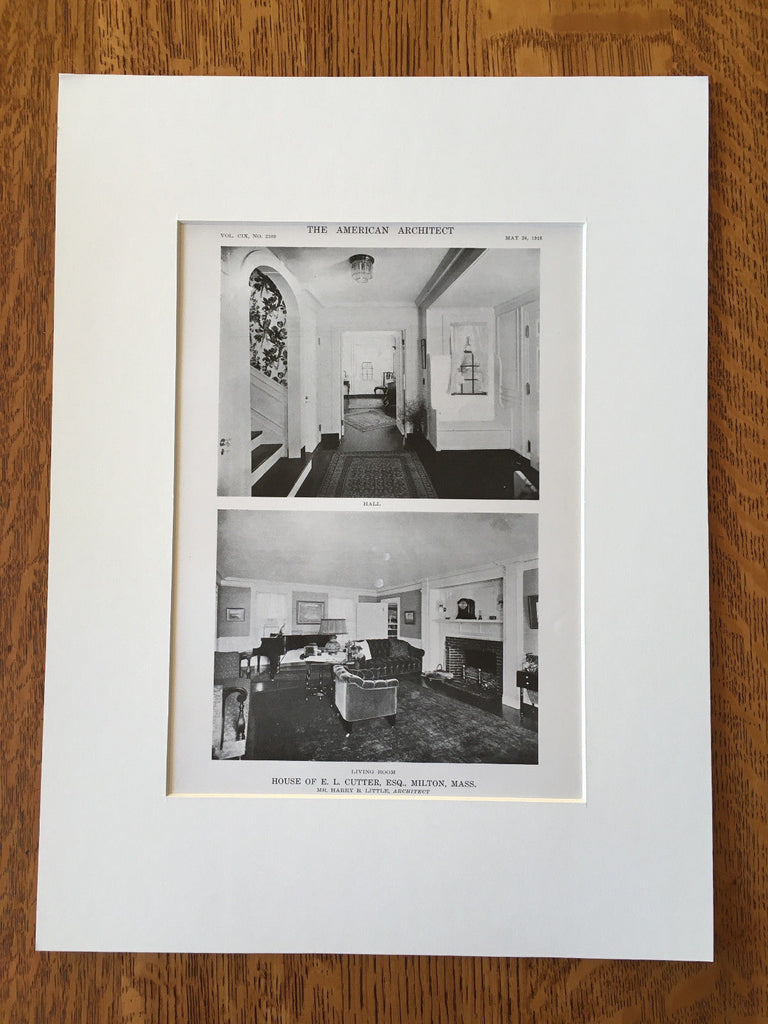 Hall & Living Room, House of E.L. Cutter, Esq., Milton, MA, 1916, Lithograph. Harry B. Little