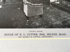 Hall & Living Room, House of E.L. Cutter, Esq., Milton, MA, 1916, Lithograph. Harry B. Little