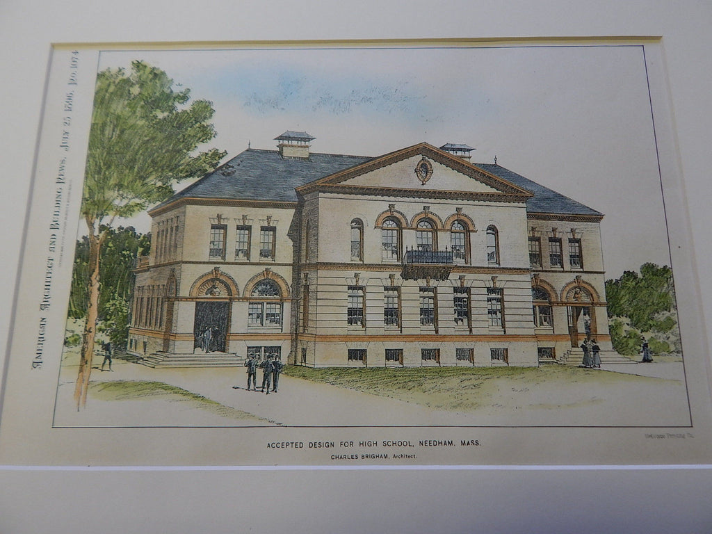 High School, Needham MA 1896. Original Plan. Hand-colored. Charles Brigham.