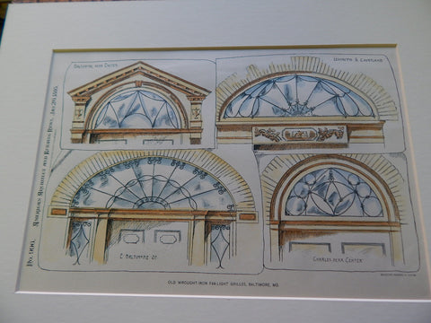 Wrought Iron Fan-Light Grilles, Baltimore, MD 1895. Original Plan. Hand Colored.