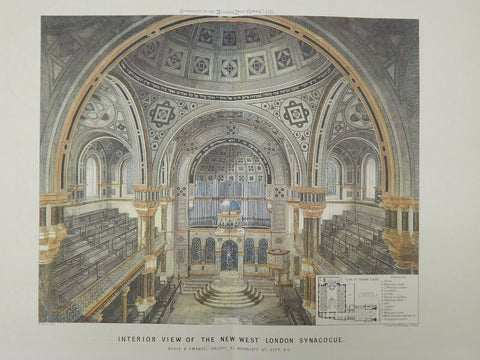 Interior View, New Synagogue, West London, UK, 1871,Original Plan. Davis & Emanuel.
