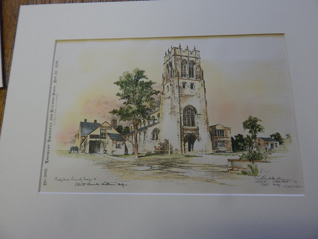 Christ Church, Waltham, MA 1896. Original Plan. Hand-colored. Cram & Wentworth.