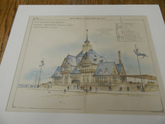 Head-House and Public Bath, Boston, MA 1893. Original Plan. Hand-colored. Edmund Wheelwright.