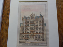 The Hotel Cluny, Boston MA 1878. Original Plan. Hand-colored. J. Pickering Putnam.