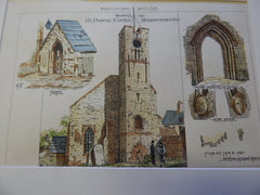 Tower, St. Peter's Church, Monkwehrmough, UK 1872. Original Plan. Hand-colored.