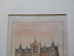 The Hotel Cluny, Boston MA 1878. Original Plan. Hand-colored. J. Pickering Putnam.