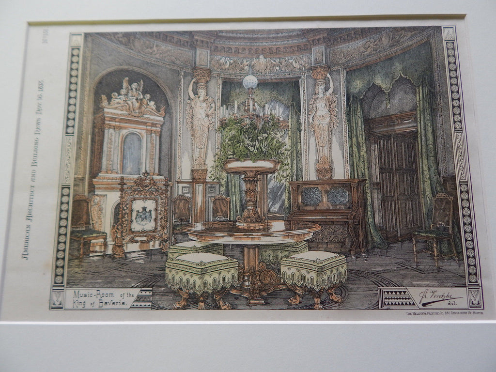 Music Room of the King of Bavaria, 1878. Original Plan. Hand-colored. Ventzke.