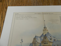 Head-House and Public Bath, Boston, MA 1893. Original Plan. Hand-colored. Edmund Wheelwright.
