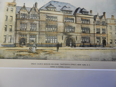 Grace Church Mission Building, New York, NY 1896. Original Plan. Hand-colored. Barney & Chapman.