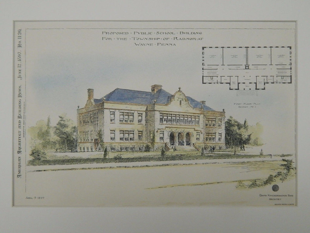 Proposed Public School, Radnor, Wayne, PA, 1897, Original Plan. David Knickerbacker Boyd.
