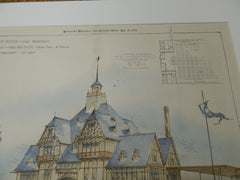 Head-House and Public Bath, Boston, MA 1893. Original Plan. Hand-colored. Edmund Wheelwright.
