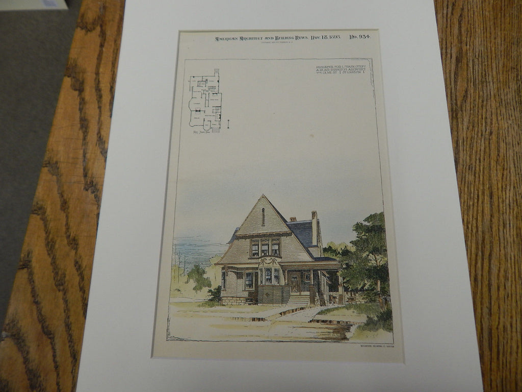 Frank Ottofy Residence, St. Louis, MO 1893. Original Plan. Hand Colored. A. Blair Ridington.
