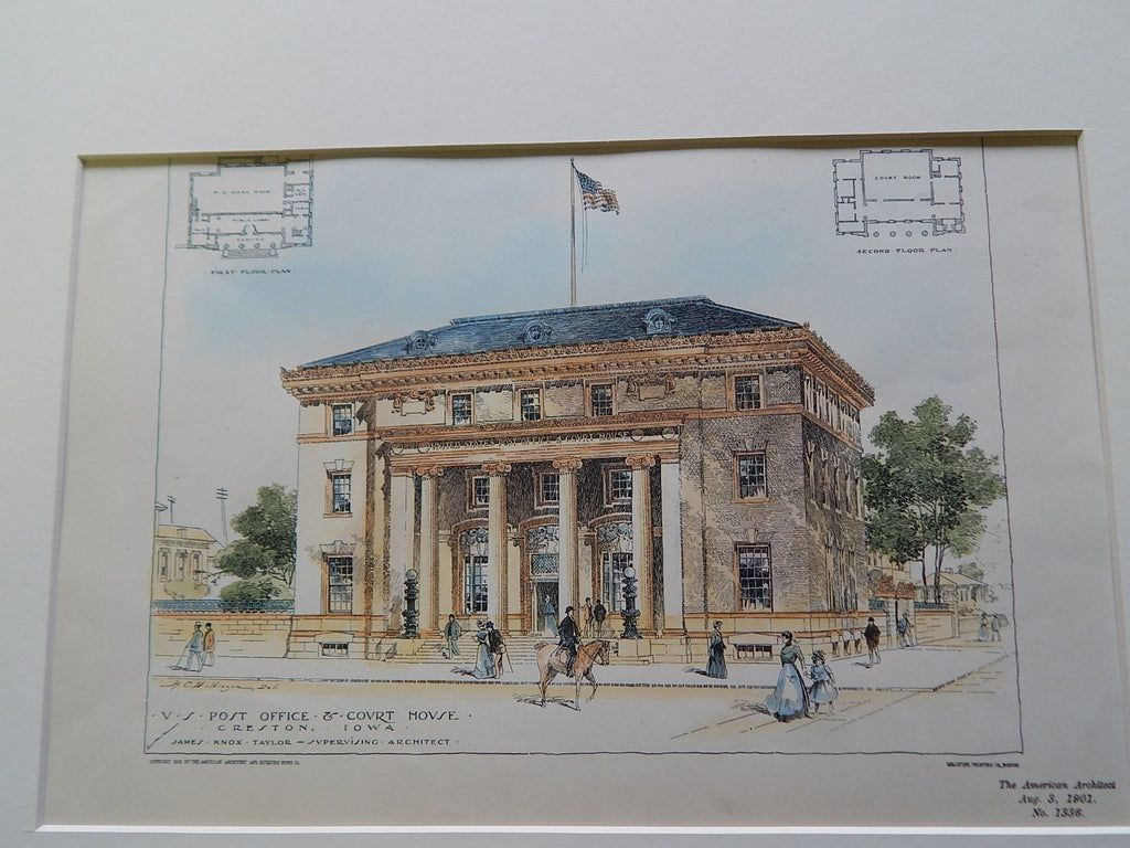 U. S. Post Office, Creston, IA 1901, Original Plan. Hand-colored. James Knox Taylor.